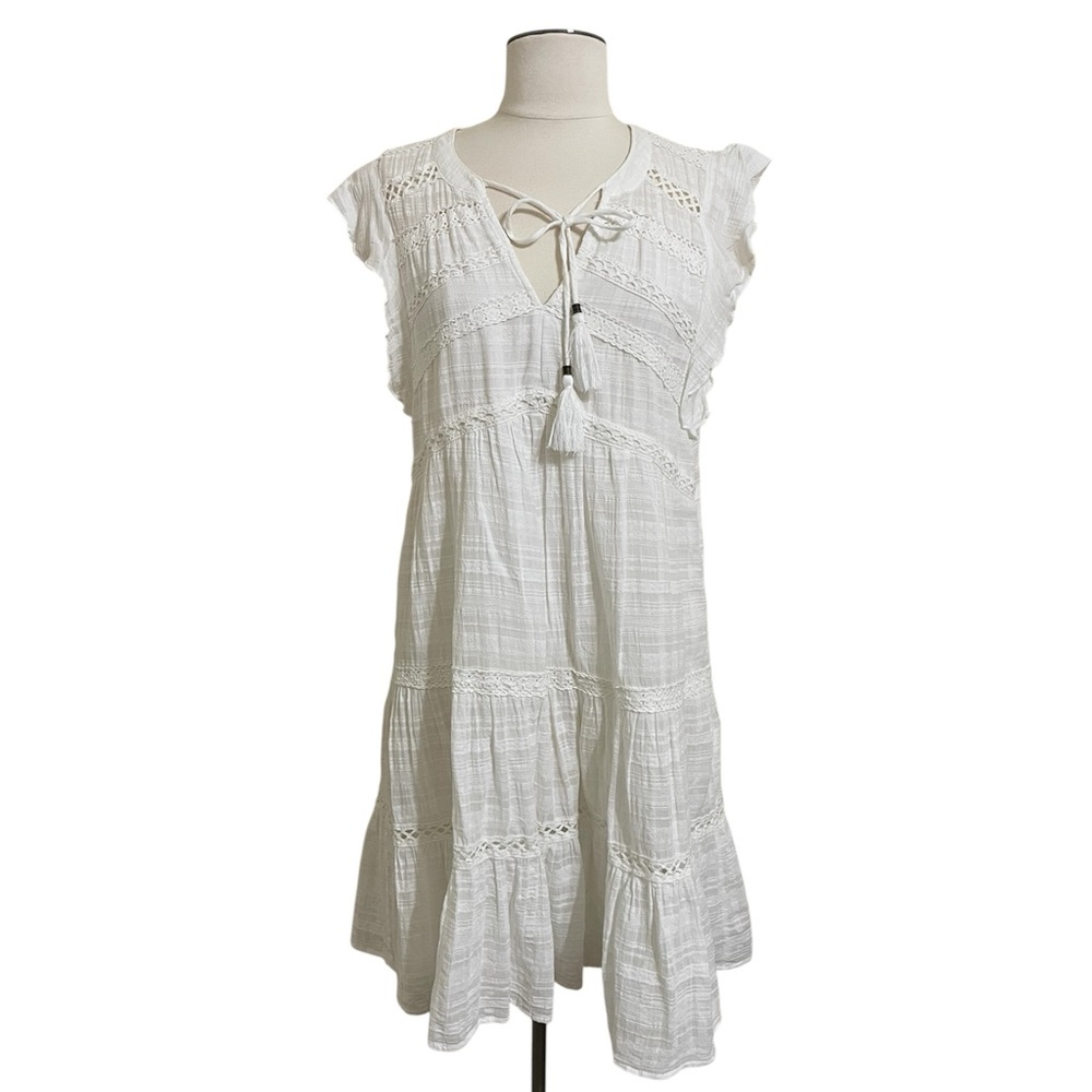 KNOX ROSE White Tiered Textured Boho Flutter Sleeve Above The Knee Dress